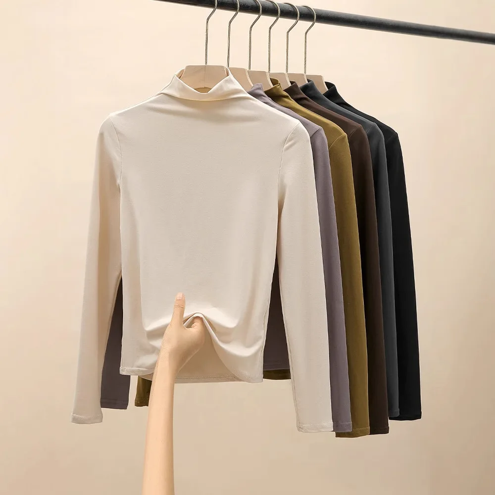 Women's Semi High Neck Base Shirt for Autumn and Winter New Style for Slimming Warm Lining German Velvet Long Sleeved T-shirt