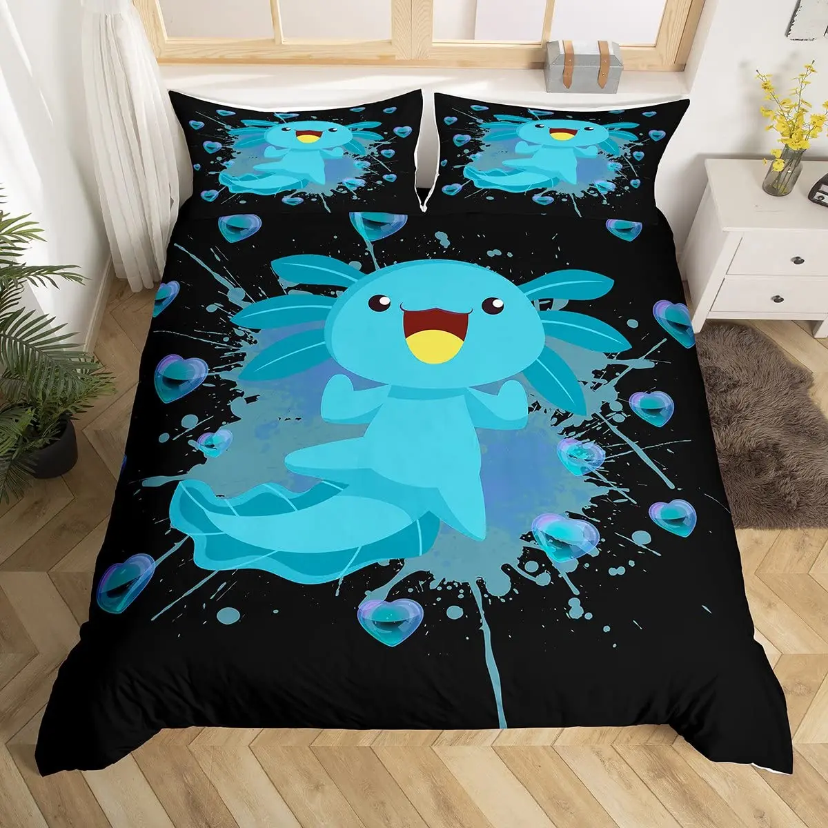 

Cartoon Axolotl Duvet Cover Queen Size,Sunflower Bedding Set Cute Animal Botanical Comforter Cover Watercolor Yellow Quilt Cover