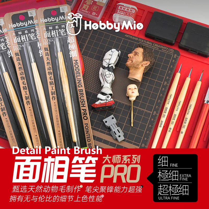 HOBBY MIO Detail Paint Brush Pro Model Painting Brush Natural Animal Hair Three Tip Types For Model Figure Hand Painting Durable