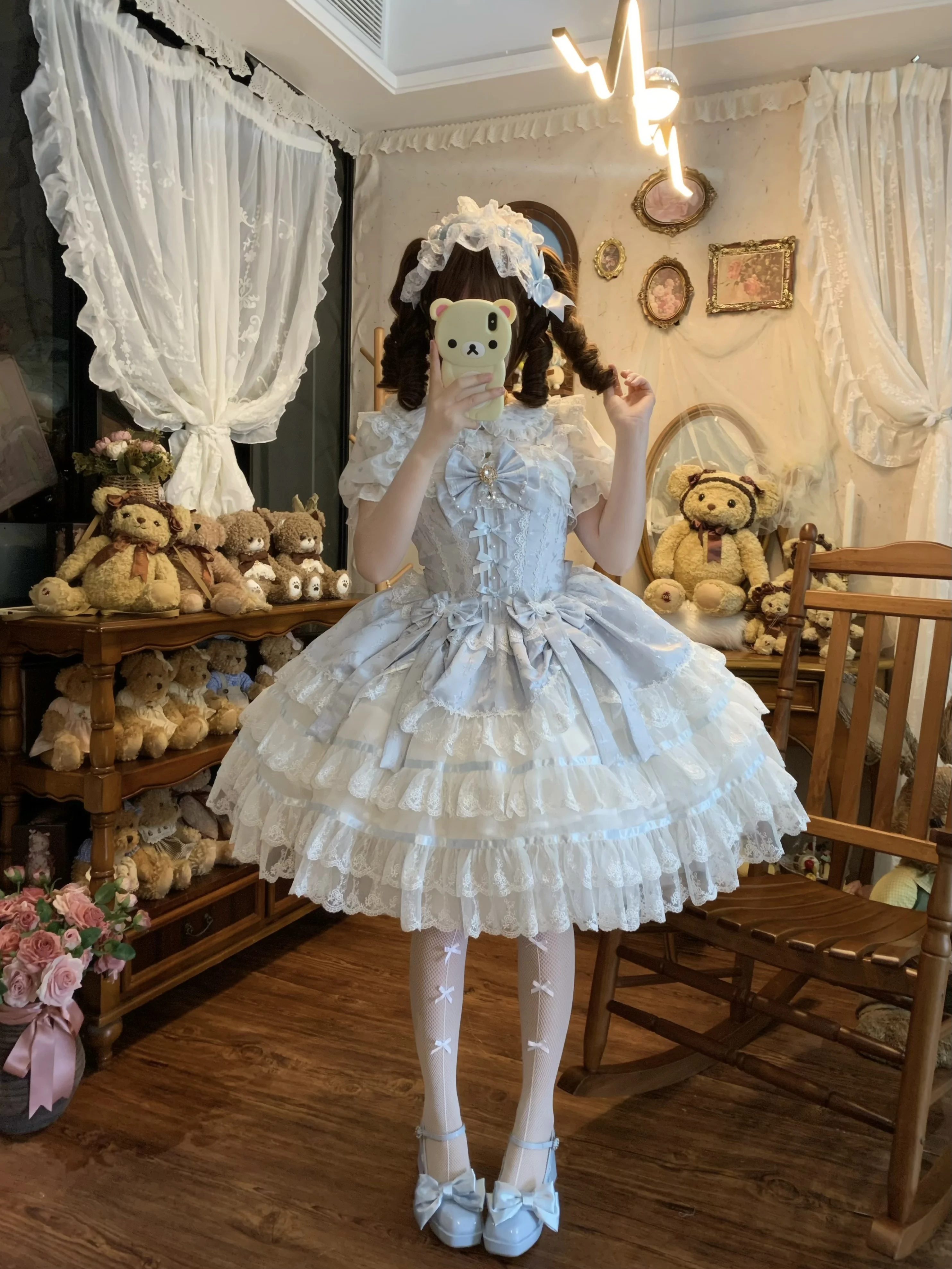 Gaun Lolita Biru Gaya Balet dengan Pita Manis JSK Gaun Tali untuk Wanita 2025 Gaun Kue Renda Jepang Baru