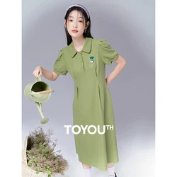 TOYOUTH Women Dress 2024 Summer New Pearl Polo Neck Short Sleeve Slim Waist Knee Length Casual Dress