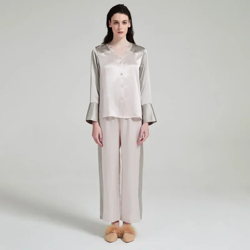 

100% Mulberry Silk Sleepwear Casual Women's Pijamas Set V-neck Pyjamas Nightwear Long Sleeved Long Pants Two-piece Pajamas Set