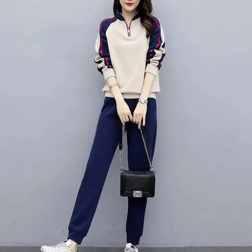 Women Stylish Suit Set Women\'s Color Matching Tracksuit Set with Stand Collar Sweatshirt Elastic Waist Pants for Fall Winter 2