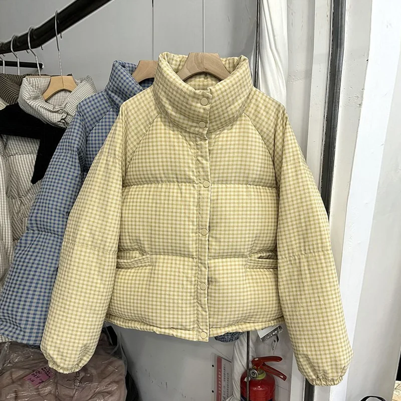 

Vintage Stand Collar Plaid Cotton Coat for Women Winter Korean Style Long Sleeve Warm Outerwear Fashion Versatile Thicken Jacket