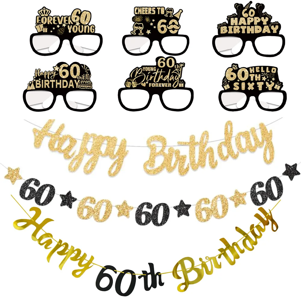 Black and Gold 60th Birthday Party Decor 60th Birthday Banner Garland Hanging Decor 60 Years old Anniversary Birthday Party Gift