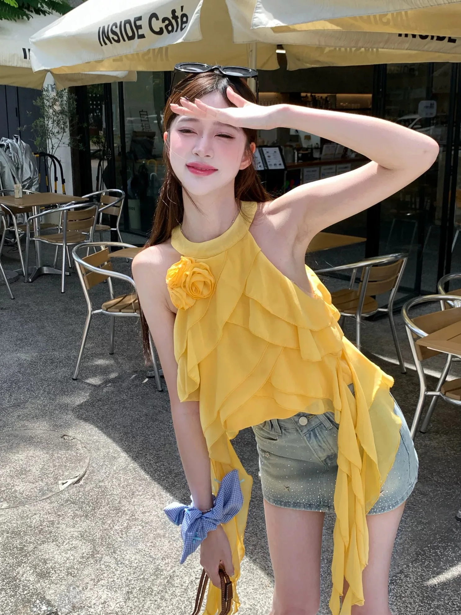 

Летний наряд Dopne, нерегулярный желтый подвесной жилет, женский пояс с кружевной отделкой, облегающий повседневный топ