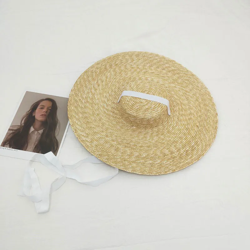 New Summer Straw Flat Top Large Brim Tie Straw Hat Wide Brim Women\'s Hat Vintage Stylish Beach Straw Hat Sombrero Mujer Playa