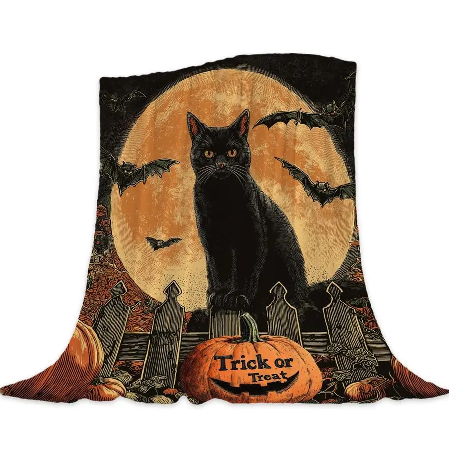 

Одеяло на Хэллоуин размера «queen-size» Одеяло с тыквой и котом для кровати, дивана, большого осеннего, легкого, нечеткие, мягкое, уютное, плюшевое, флисовое, Bl