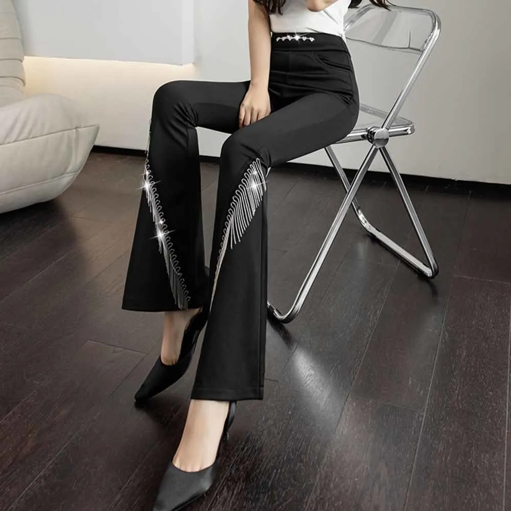 Diamond Chain Tassel Flared Pants Women's 2022 Spring Summer New Black Elastic High Waist Full-Length Pants Casual Trousers