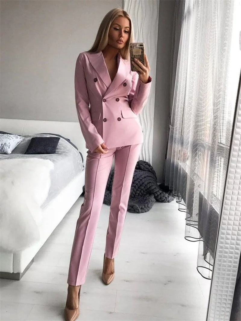 2 Stuk Fashion Vrouwen Suits Office Set (Blazer + Broek) slim Fit Elegante Double Breasted Formele Prom Avondjurk Custom Made