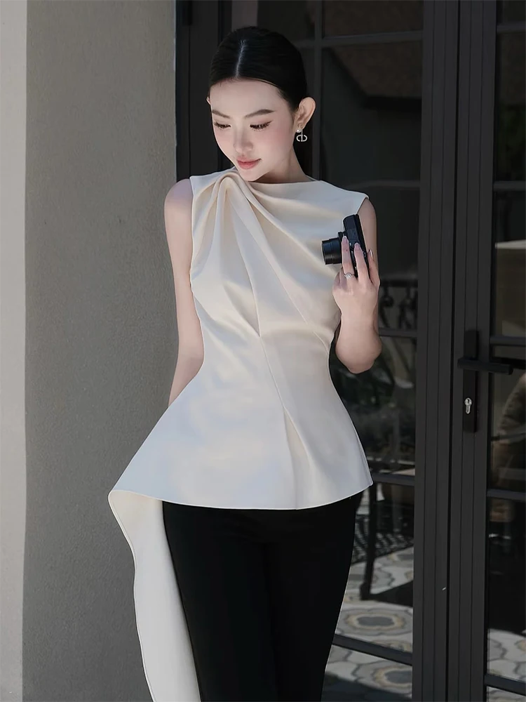 

Elegant White Sleeveless Slim Fit Shirt for Women Unique Design Sash Draped Style French Style Polyester Fiber Summer Top