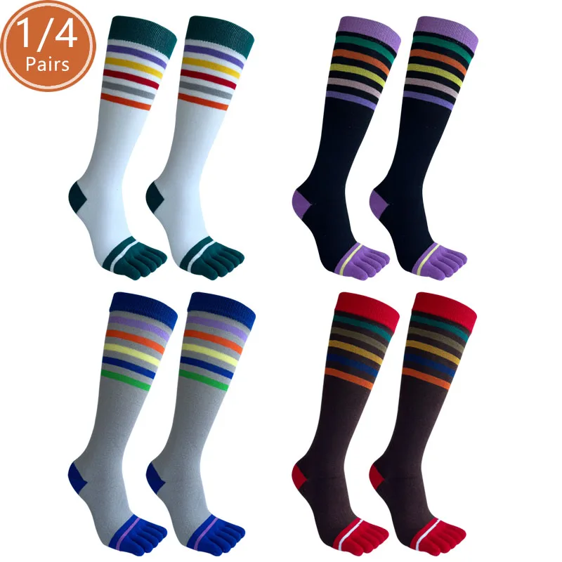 1/4 Paar Damen Fünf-Finger-Socken Lange Baumwollstrümpfe Gestreifte Lässige Antibakterielle Atmungsaktive Warme Hohe Wadensocken