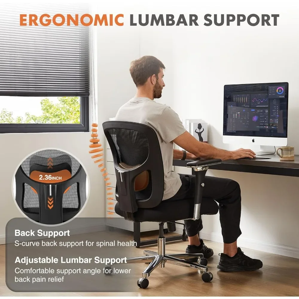 Office chair with lumbar support, heavy-duty mesh ergonomic computer chair with armrests and wide comfortable seat, adult wheels