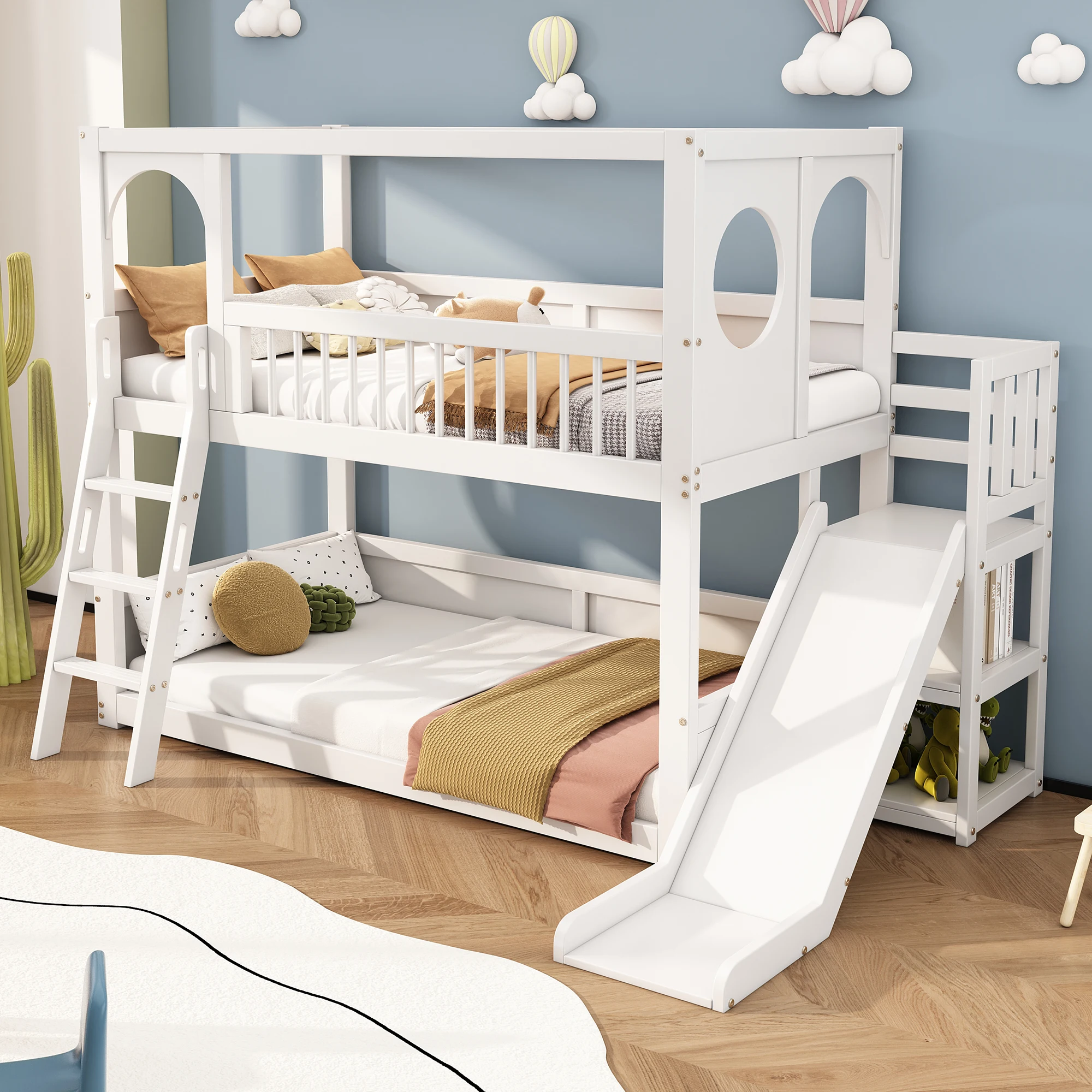 Bunk bed 90x200cm, loft bed, slatted frame and fall protection, solid wood bed