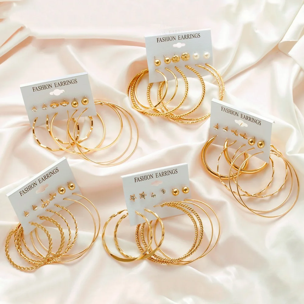 FANYIN 6 Pairs New Metal Ring Earrings Set for Women Simple Exaggerated Large Round Earrings Fashionable Jewelry Accessories