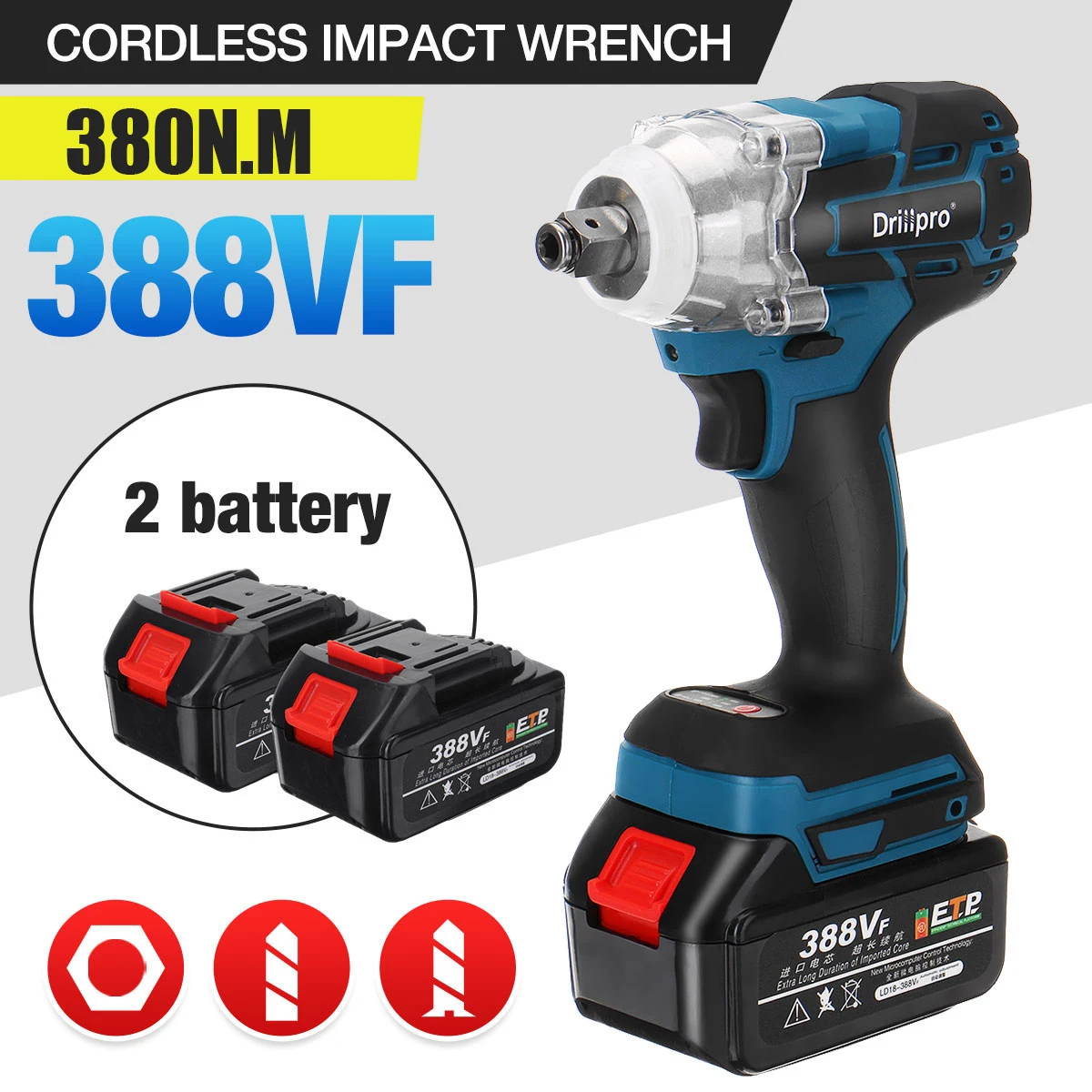 

Drillpro 388VF 520N.M Brushless Cordless Electric Impact Wrench Power Tools 3000mAh Li Battery LED Light For Makita 18V Battery