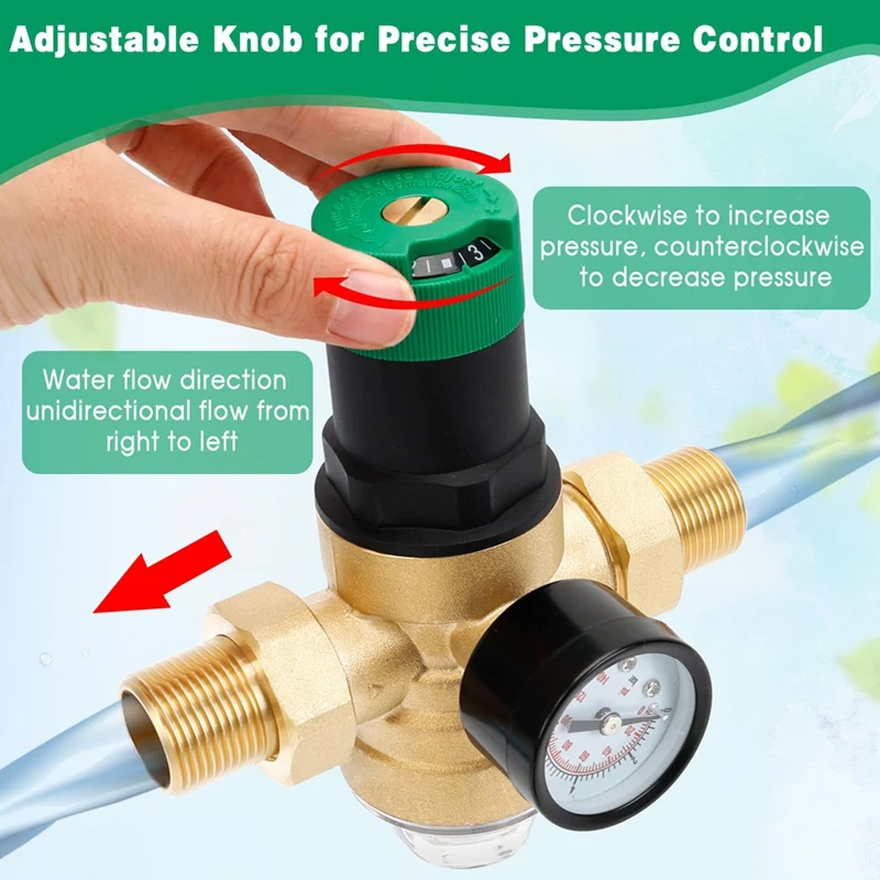 Brass Pressure Regulator 3/4 Inch, DN20 Reducing Valve With Gauge & Filter, Adjustable For Home & Industrial Use