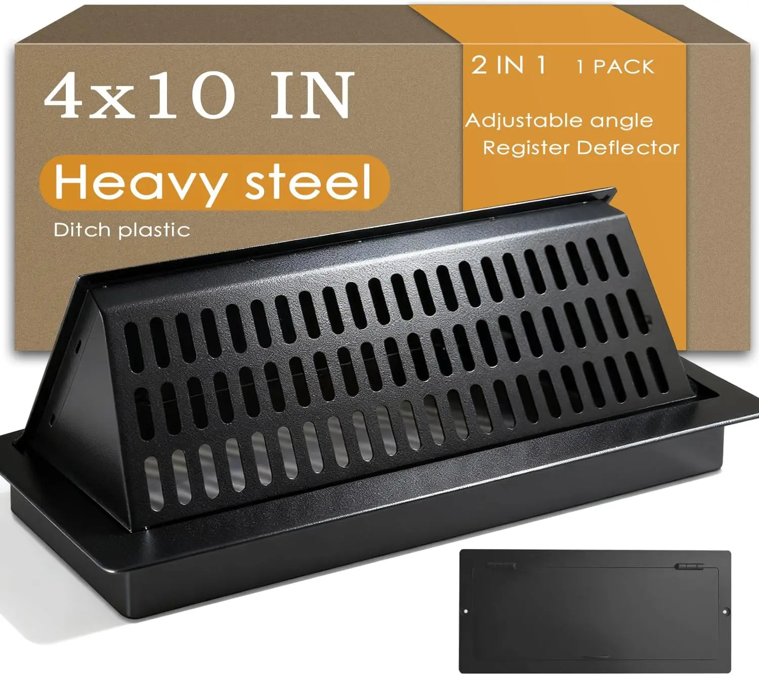 4x10 Floor Register and Vent Deflector Combo, Solid Steel 2-in-1 Vent Cover,Adjustable for Draft-Free Comfort, Matte Black