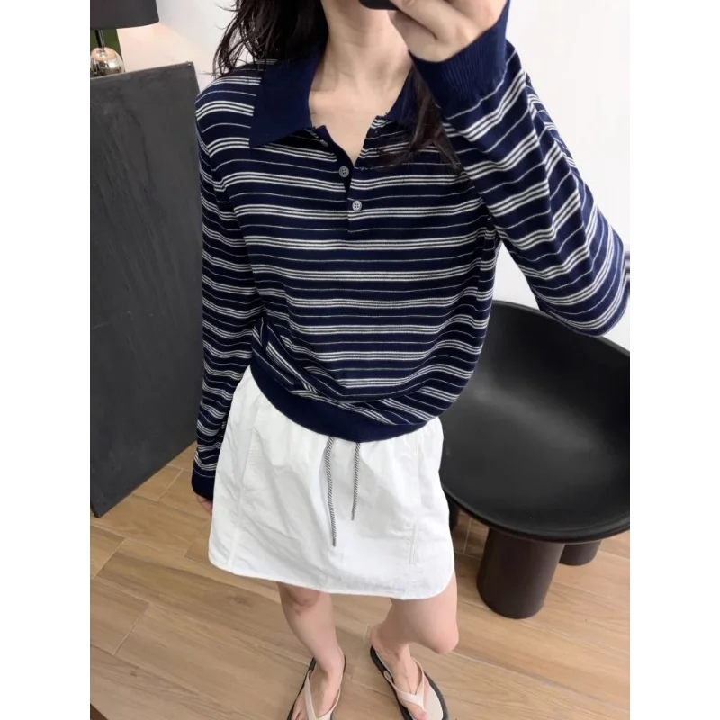 레트로 컬러 블록 스트라이프 버튼 긴 소매 니트 스웨터 여성 봄 우아한 겉옷 탑