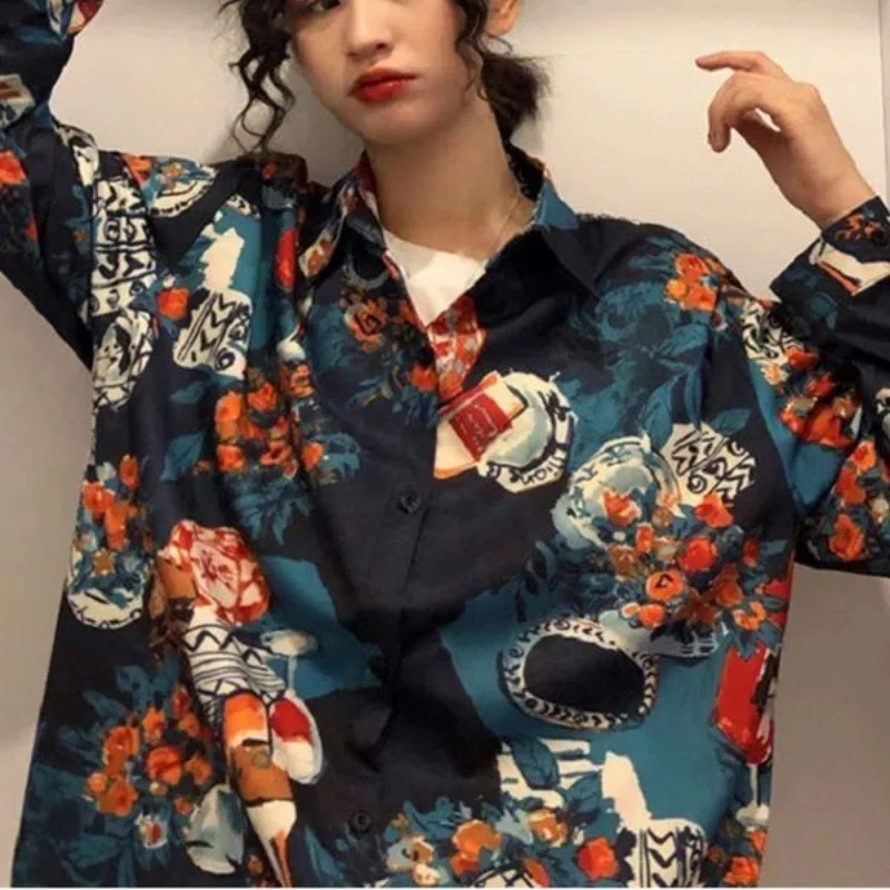 Retro Hong Kong Style Chic Shirt with Loose Salt Design Long Sleeved Floral Shirt Women\'s Outerwear Hong Kong Style Sun Jacket