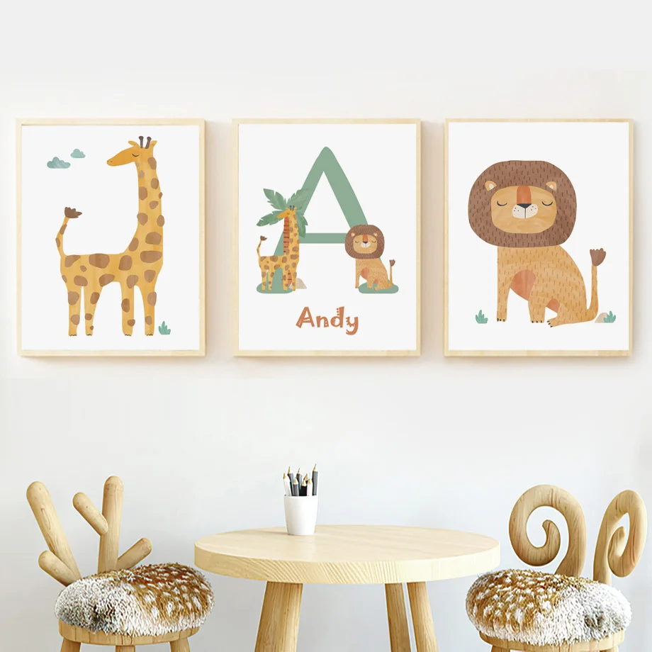 Jungle Giraffe Lion Leopard Alphabet wall Art Canvas Poster Print Rainbow Cute Illustration Nursery Baby Bedroom Home Decor Gift