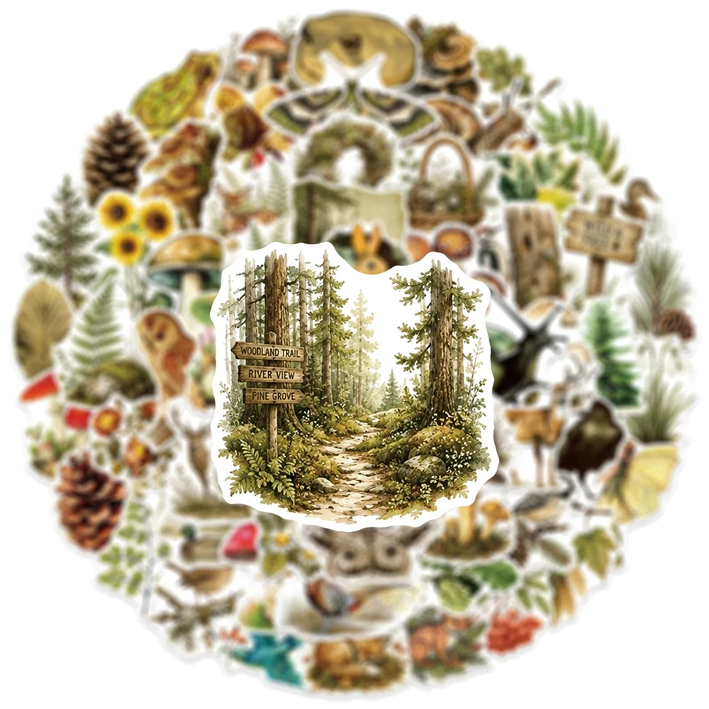 10/30/50/100pcs Vintage Forest Animals Cartoon Stickers for Scrapbooking Laptop Phone Case Funny Mushroom Leaves Realistic Decal