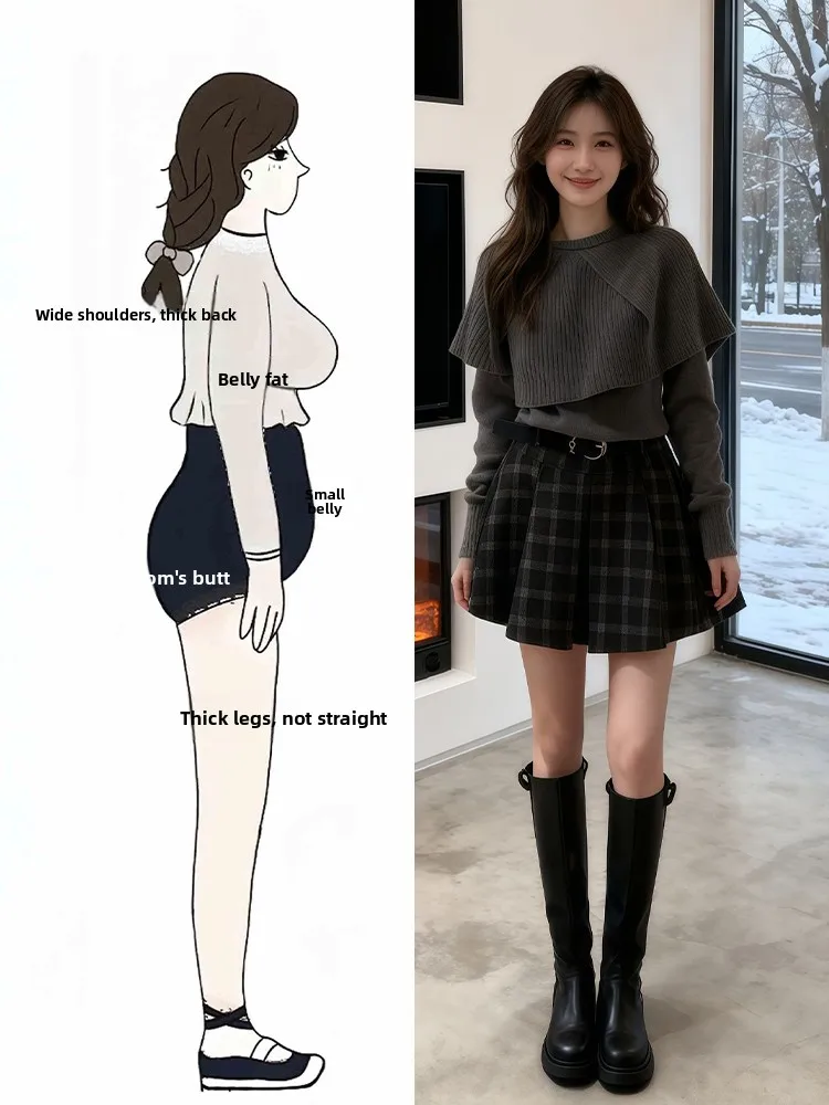 

Gray Knitted Lazy Set Autumn Winter New Style Ootd Whole Set Plaid Skirt Casual Fashion Women's Ensemble Warm Medium Thickness