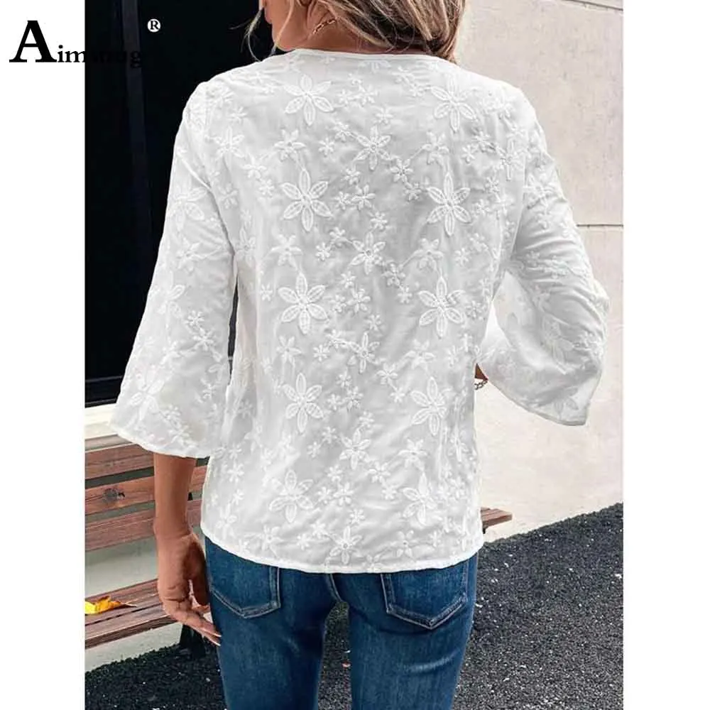 2025 New Summer Boho Flower Blouse Women Three Quarter Sleeve Lace Embroidery Tops Pullovers Ladies Casual Beach Shirts blusas