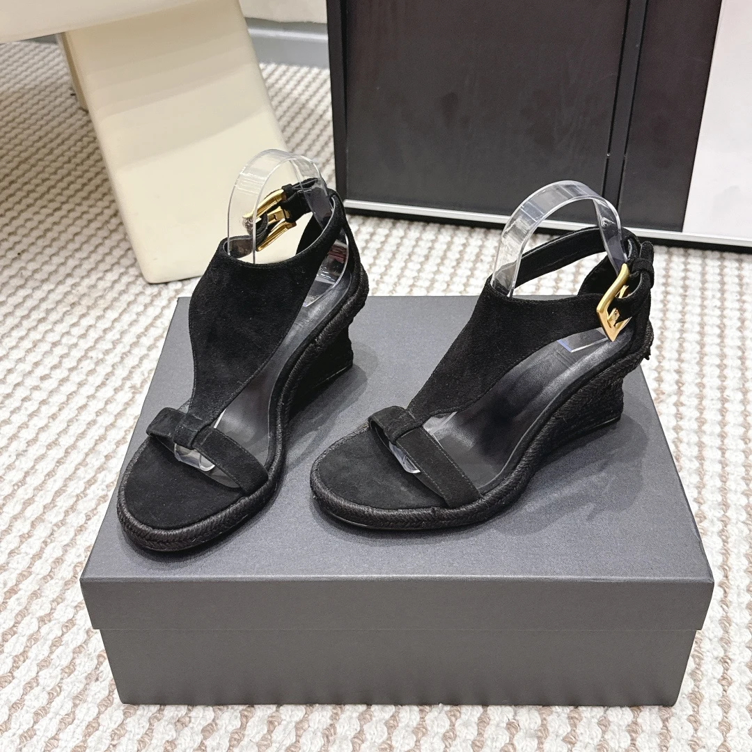 Nuevas sandalias de cuña de rafia para mujer con correa en T, parte superior de cuero/gamuza, zapatos de verano, 10 centímetros más altas, tacones de cuña de diseño de lujo.