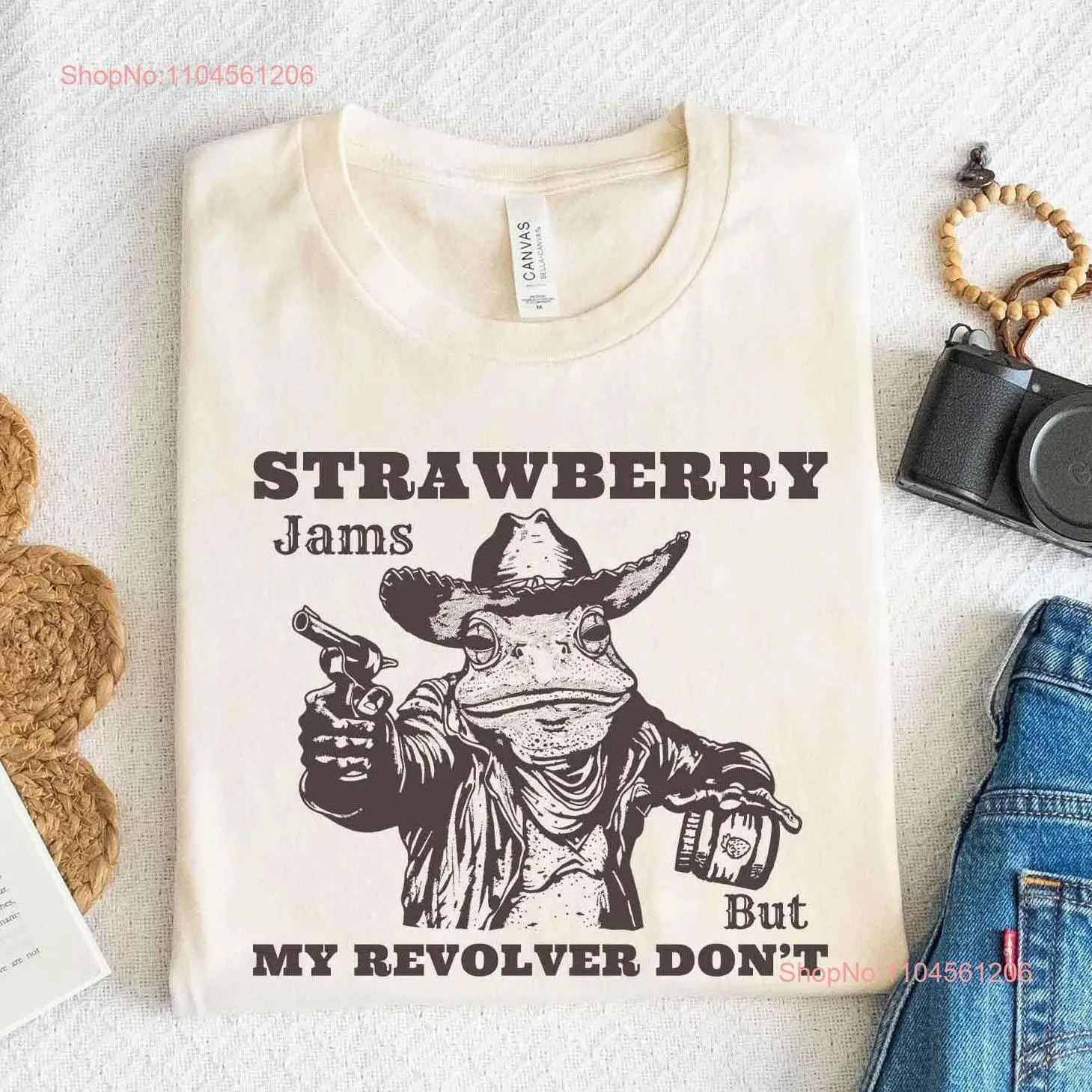 Strawberry Jams But My Revolver Don'T T Shirt Funny Frog Meme Vintage Western Style Cowboy Retro long or short sleeves