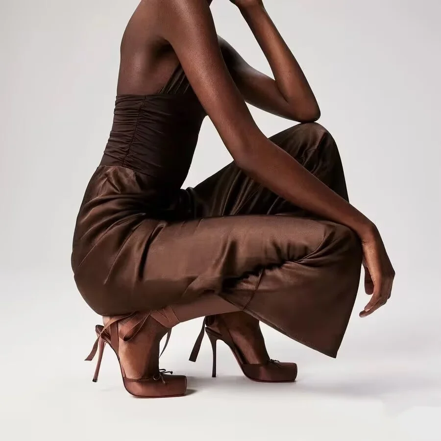 

2026 Women's New Summer Square Satin High Heel Sandals with Ankle Strap, Fashionable Party and Banquet Ballet High Heels