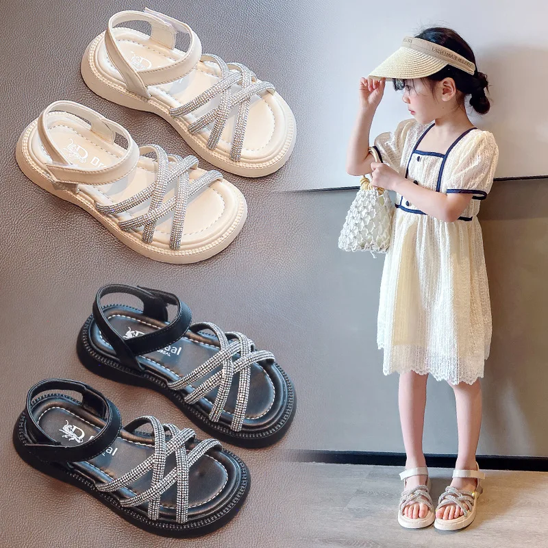 Girls Sandals 2025 Summer New Children's Thin Strip Rhinestone Roman Shoes Kids Princess Open-toe Girls Beach Shoes Flat Sandals