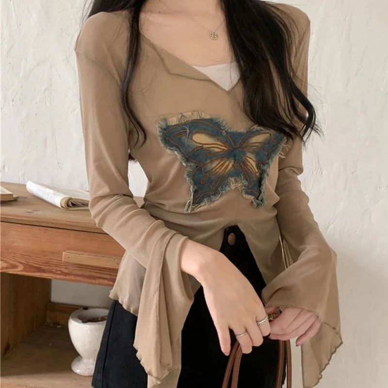 Butterfly T Shirt Korean Style Y2k Crop Top Women Autumn Long Sleeve Tees Irregular Slim Tshirts Femme Solid Fashion Clothing