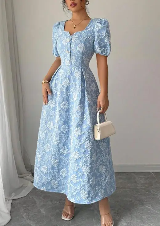 

Elegant Daisy Relief Maxi Dress for Women Short Sleeve A-Line Skirt Casual Fashion Dress