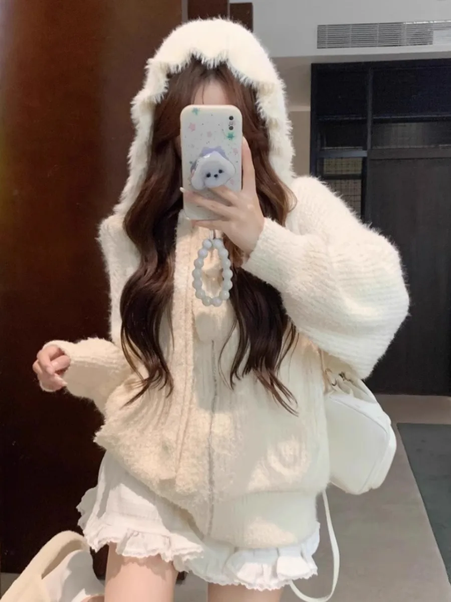 Women's Hooded Knitted Sweater Fake Mink hair Soft Zipper Autumn Winter Loose Pure White Cardigan Coat Commute Sle