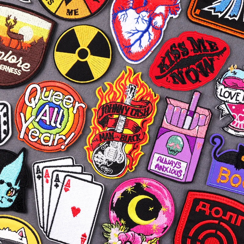 Fire Guitar Patch Punk Embroidery Patches For Clothing Hip Hop Rock Patch Iron On Patches On Clothes Skull Stripe Sticker Badges