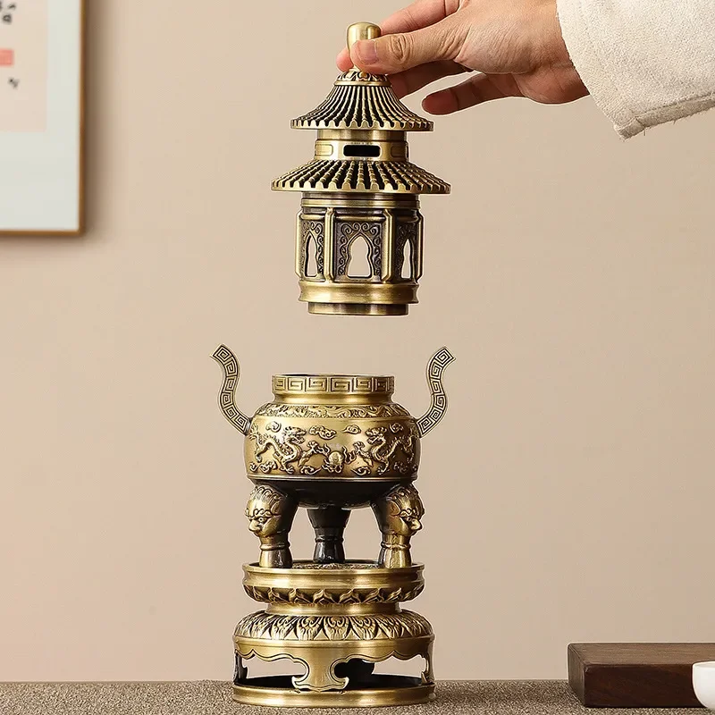 Vintage Brass Incense Burner Tower Style Desktop Ornament Pure Copper Handicraft Home Decor Classical Prayer Accessory
