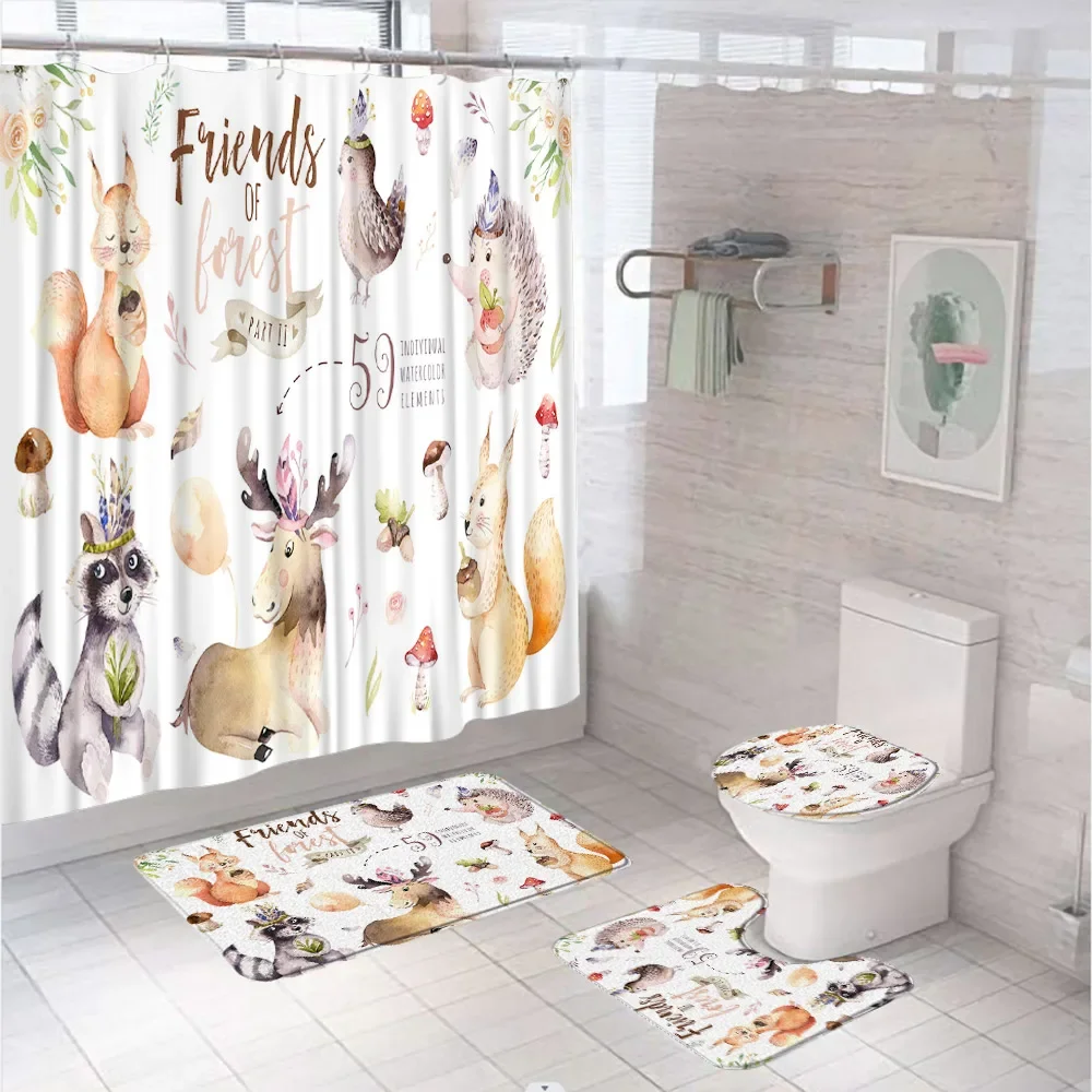 4Pcs Cartoon Animal Deer Shower Curtains Set Lovely Wildlife Flower Bathroom Screen Non-Slip Carpet Toilet Cover Floor Bath Mat