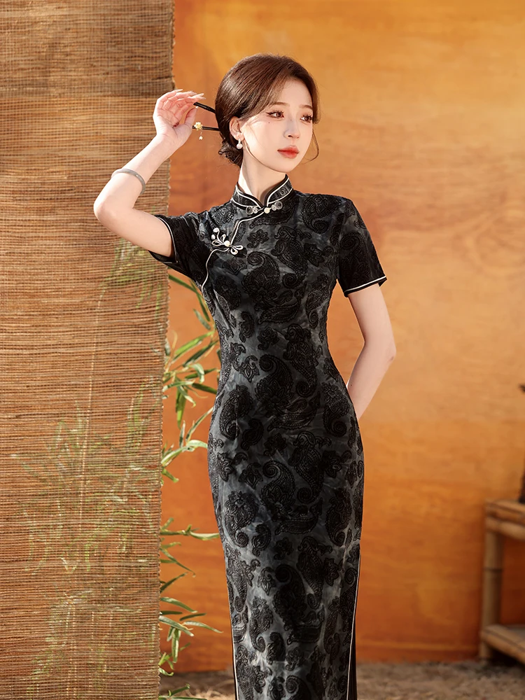 

New Chinese Cheongsam Summer Daily Wearable Improved Young High-Grade Tie-Dyed Gray Black Long