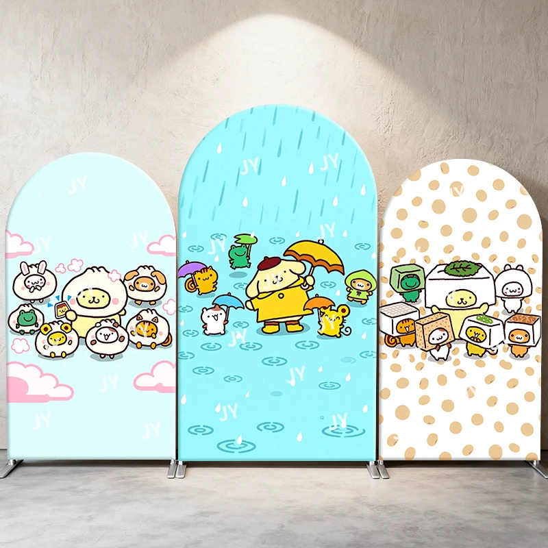 

Sanrio Characters Arch Backdrop Cover Rainy Day Raincoats Umbrellas Cute Cartoon Birthday & Baby Shower Photo Booth Decor