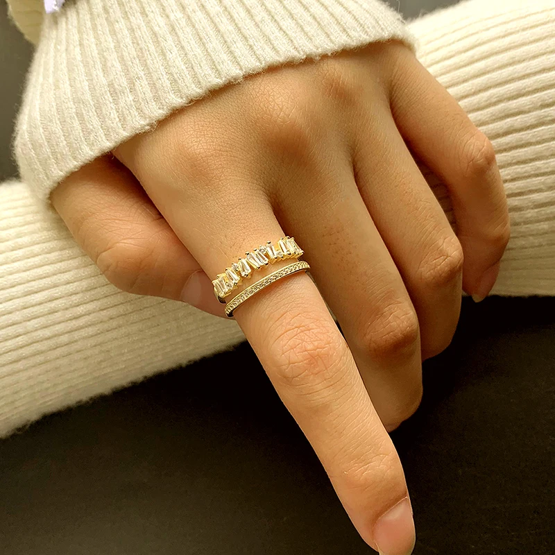 Fashionable and Personalized Genuine S925 Silver 14K Gold Irregular Row of Diamonds Hollow Women's Creative Ring Ring