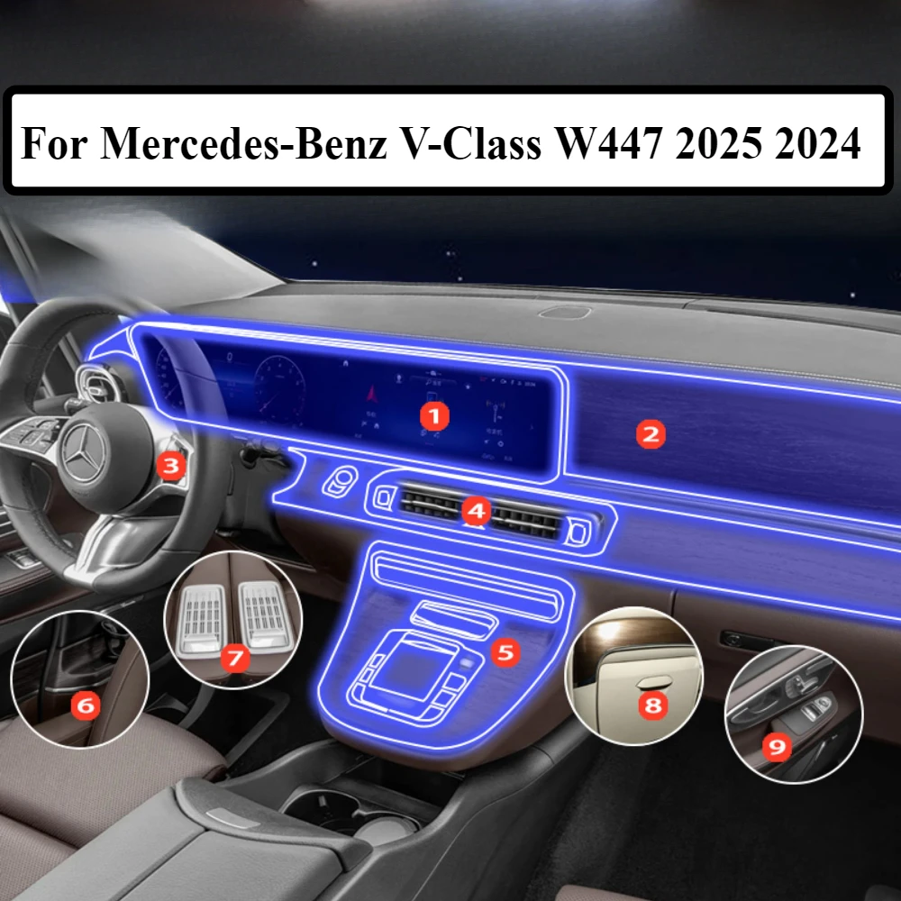 Para mercedes-benz v-class w447 2025 2024 acessórios filme interior transparente tpu painel de engrenagens gps console central proteção ppf