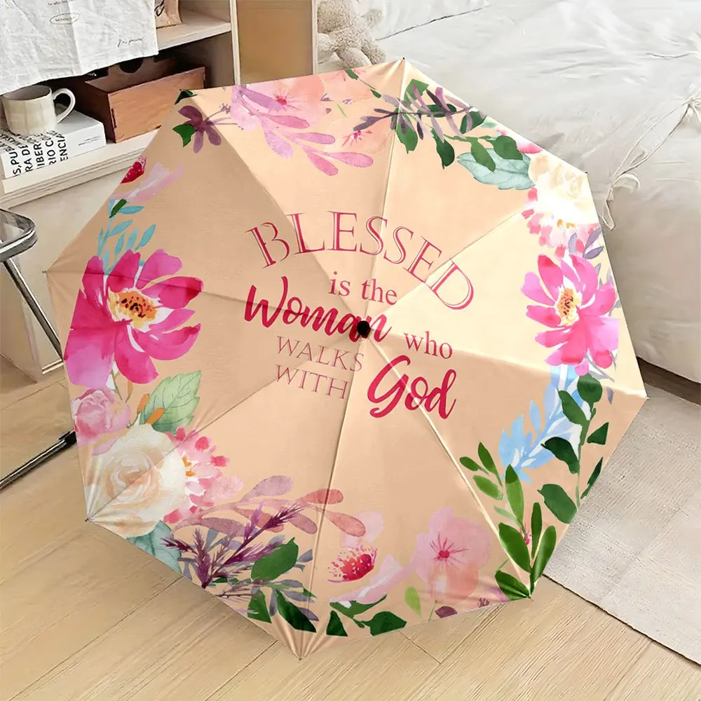 

Розово-красный зонт с цветочным узором, раскладной/складной, 8-спицевый, компактный, дорожный, с дизайном с цитатами из Библии (бежевый/цветной) - портативный