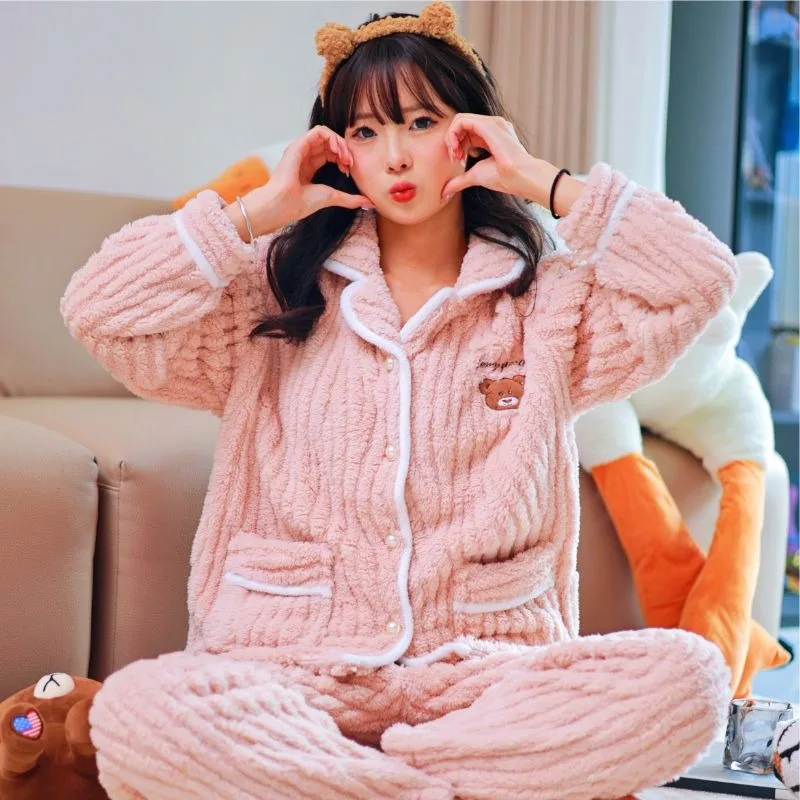 2024 New Coral Velvet Pajamas Women Autumn Winter Loungewear Long Sleeved Thickened Sleepwear Plush Warm Flannel Homewear Set