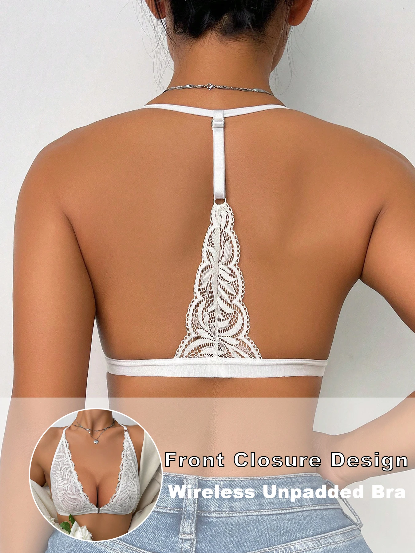 Womens Lace Front Closure Bralette Wireless Unlined Plunge Floral Lace Deep V Neck Halter Bra Comfort Breathable Daily Essential