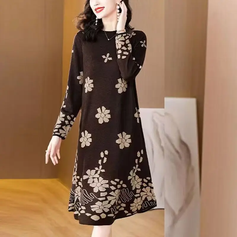 Women\'s Clothing Vintage Flowers Midi Dress Printed Autumn Winter Casual Loose A-Line Fashion Commute Half High Collar Dresses