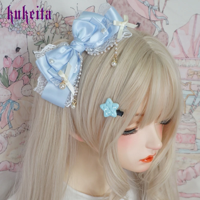 Lolita Headwear Cute Japanese Sweet Princess Pink Blue Lace Bow Pearl Ribbon Hairpin Cosplay Headdress Hair Accessories