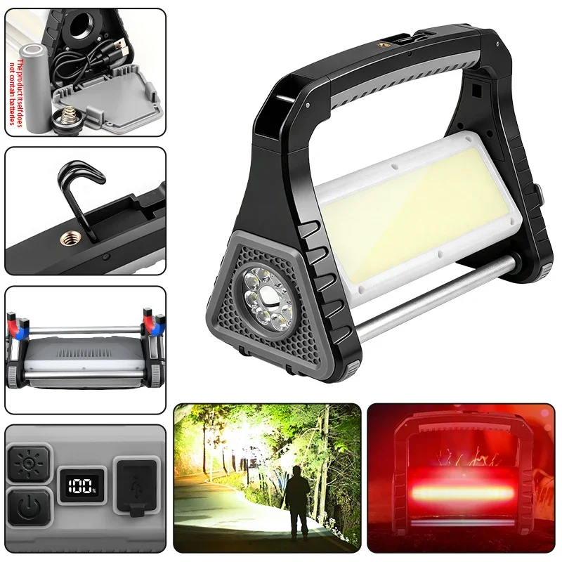 Multi-functional LED portable work light with a triangular stand, power digital display, and TYPE-C USB charging