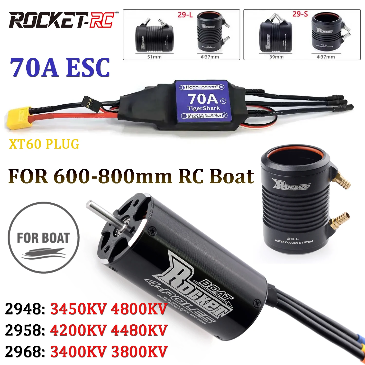 Rocket-RC 2948/2958/2968 Brushless Motor 70A ESC Water Cooling Jacket Combo for 600-800mm RC Boat Ship Model Upgrade Parts
