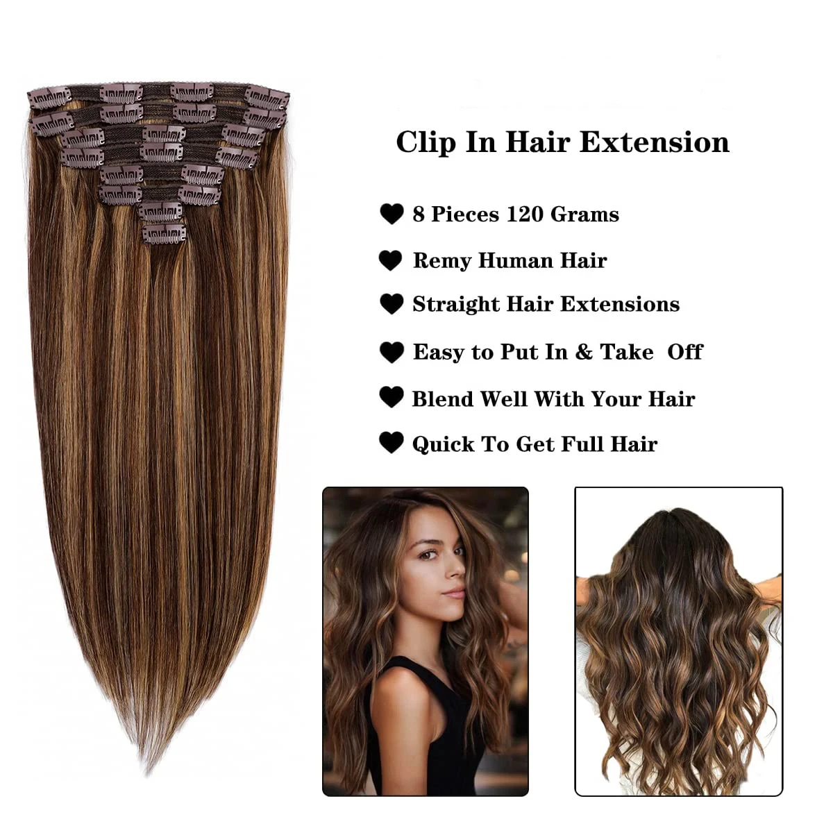 Clip In Hair Extensions 100% Remy Hair Straight Full Head Human Hair Clips #4 Chocolate Brown Color 120G/Set #4/27 Highlight